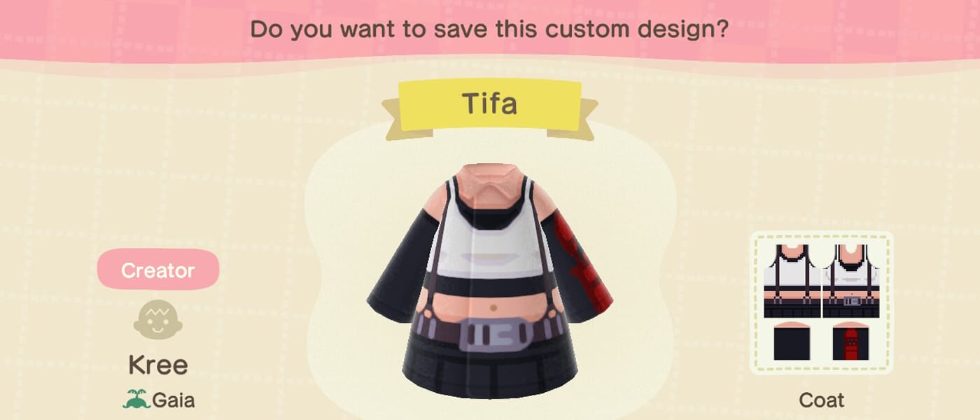 Animal Crossing New Horizons costumes that resemble outfits from Final Fantasy 7 Remake